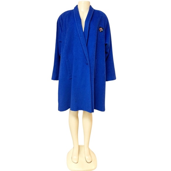 Vintage 70s Larry Levine Women Union Made ILGWU Blue Wool Crest Embroidered Coat - Picture 4 of 15